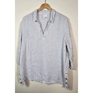 Sigrid Olsen Top Size 1x Blue Stripe Button Up 3/4 Sleeve Blouse Gauzy Shirt